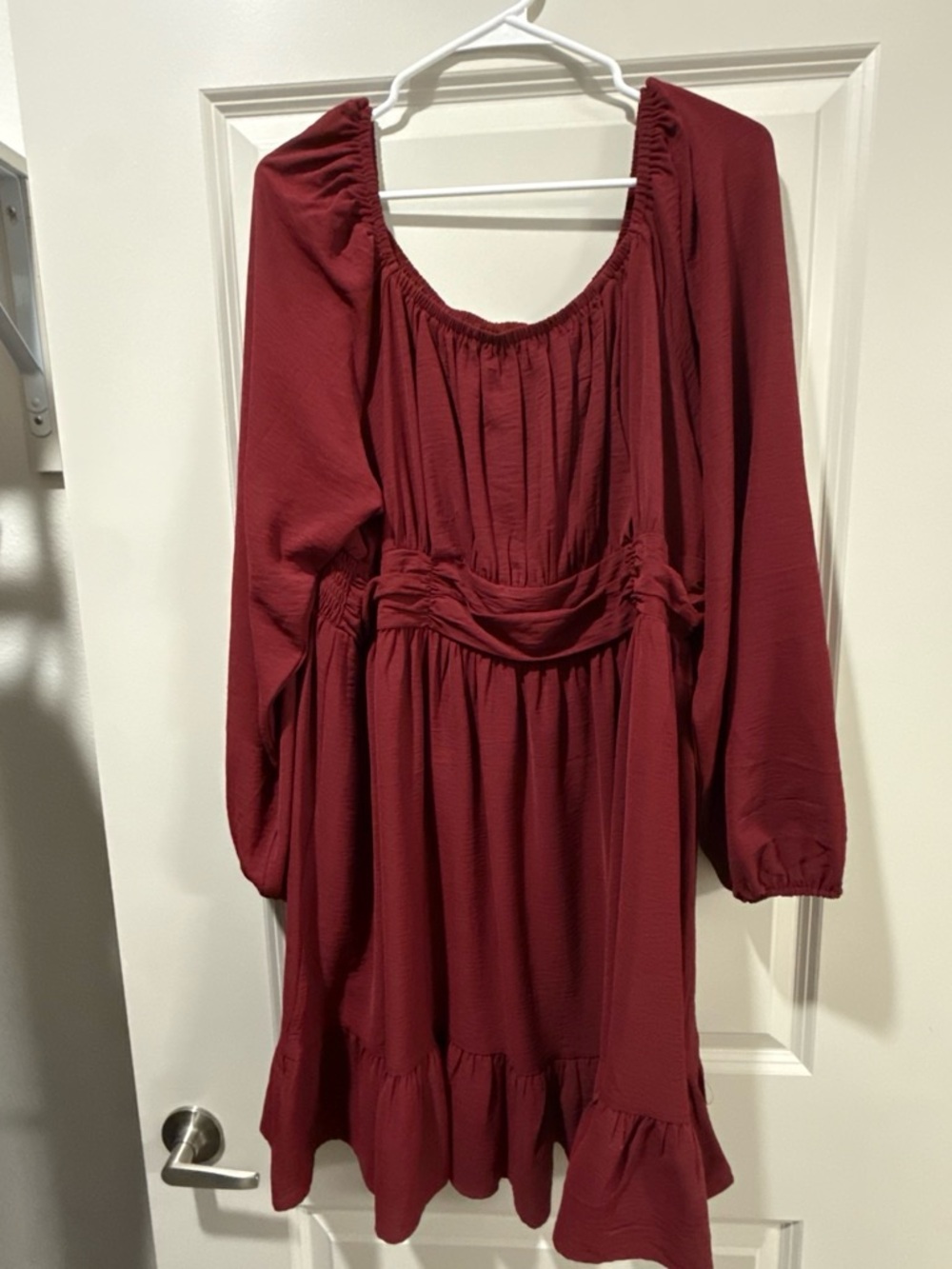 Long Sleeve Ruffle Hem Scoop Dress in Burgundy